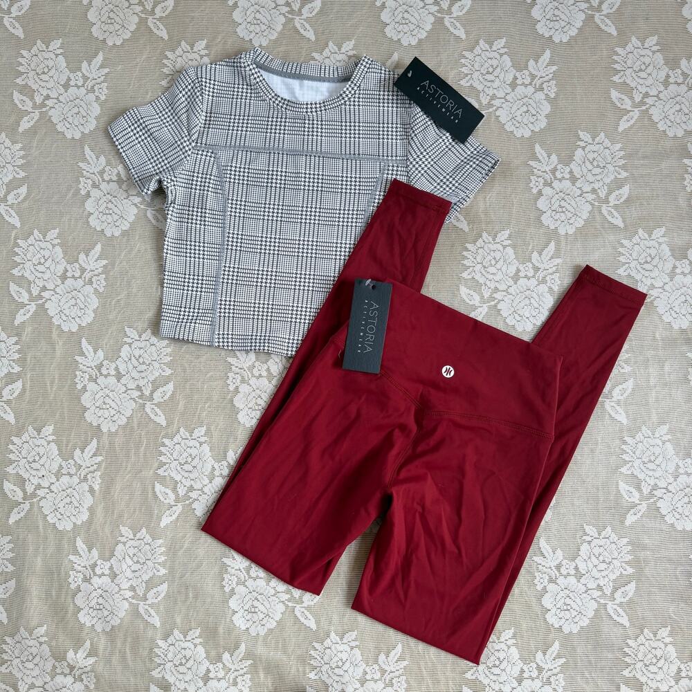 Astoria Activewear Plaid Top + Burgundy Leggings Set Size S